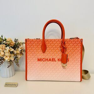Michael Kors Purse Mirella Medium Ombré Logo Tote Bag Red Clay